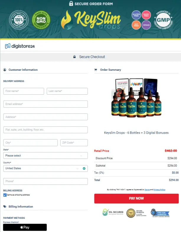 Secure order form for KeySlim Drops 6-bottle supply with 5 certification badges including FDA registered and GMP certified facility.